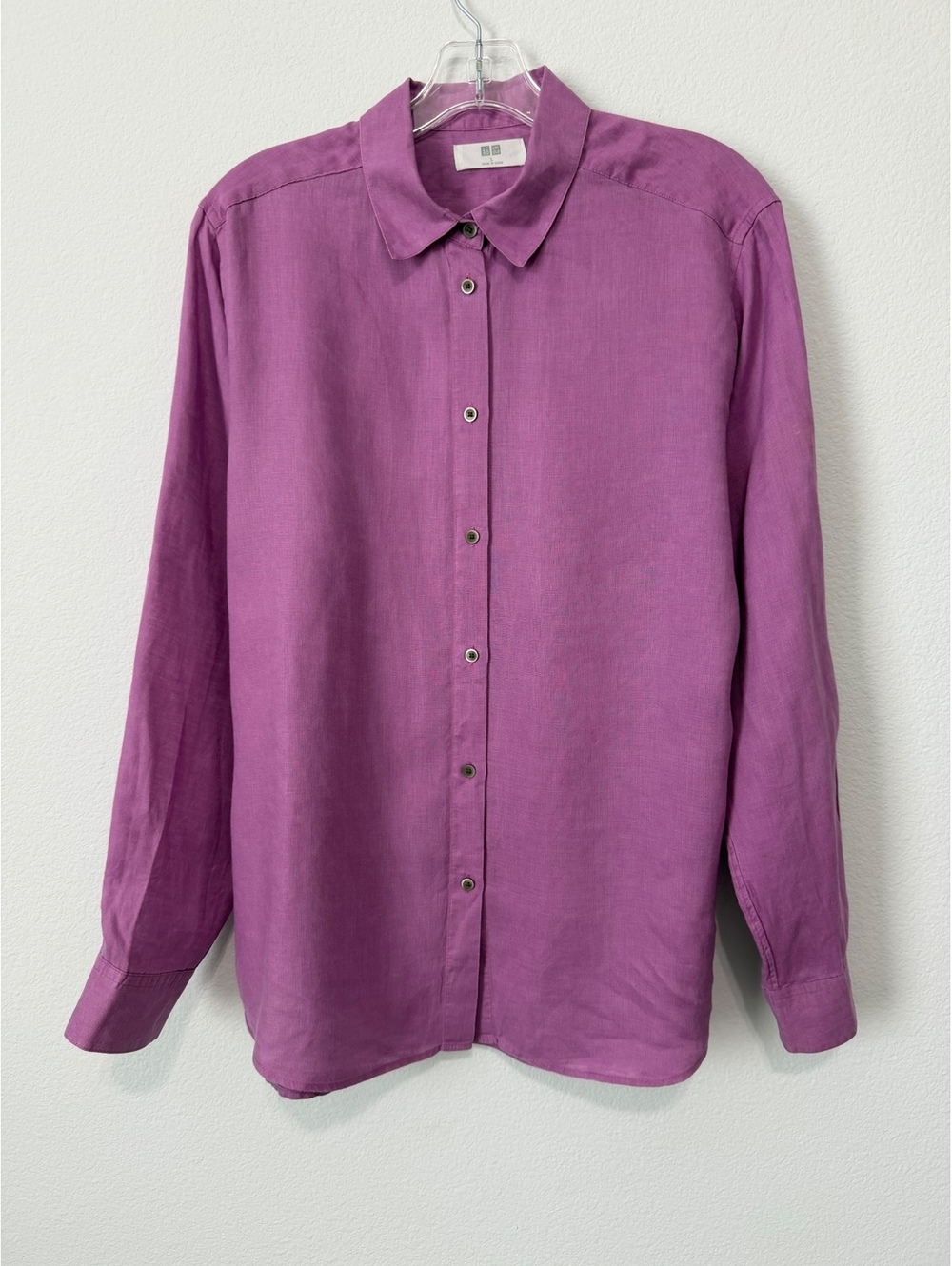 Uniqlo 100% Linen Long Sleeve Button Up Purple Classic Shirt Women's Size L